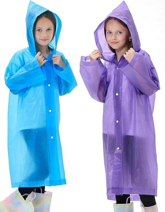 2 Pack Reusable Waterproof Raincoat EVA Emergency Rain Ponchos One Size Rain Jacket for Children, Boys and Girls