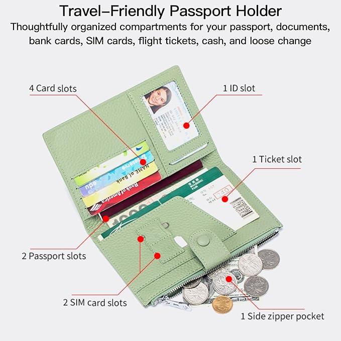 Genuine Leather RFID Blocking Passport Holder Wallet, Multi-Functional Travel Document Organizer with SIM Card Slots (Blue)