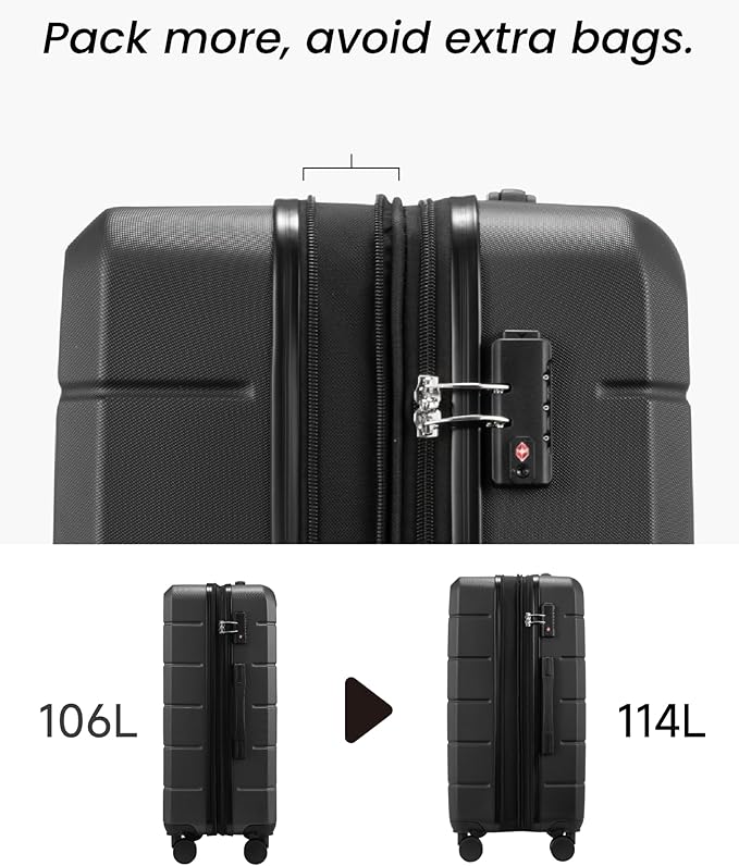 28 Inch Checked Luggage with Spinner Wheels, 106L Large Expandable Hardside Suitcase with TSA Lock, Durable ABS Hard Shell for Family Vacation and International Travel (28 in, Black)