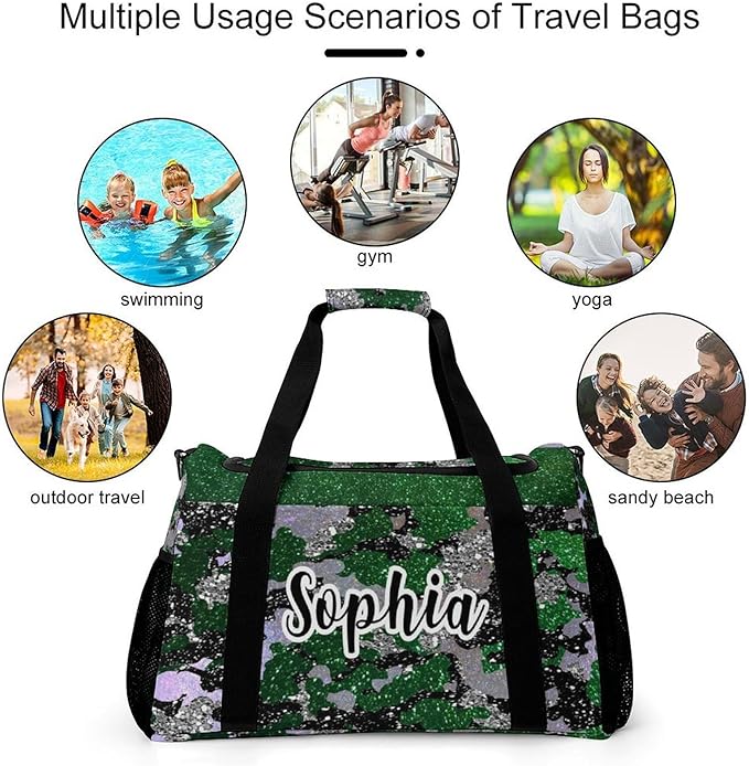 Custom Multifunctional Duffel Bag with Name Gym Bags Adjustable Shoulder Strap Travel Bag for Teens Green Black Camo Bling Print Casual Bag