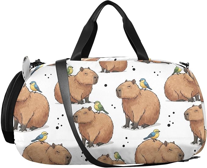 Capybara Bird White Pattern Kids Sports Duffle Bag for Boys Girls Toddler Weekender Overnight Bag with Shoe Compartment & Wet Pocket Kids Carry On Shoulder Bag for Travel Gym Sport Dance