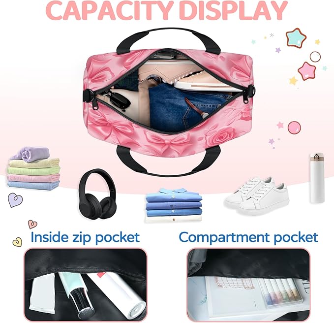 Pink Flower Bow Travel Duffle Bag for Women Men, Overnight Weekender Bag, Carry on Tote for Sport Gym