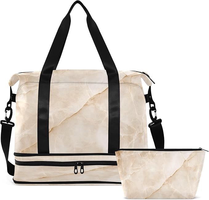 Travel Duffel Bags for Women Beige Marble Print Sports Duffel Bags Gym Bags with Shoes Compartment Tote Bag Weekender Bag for Travelling