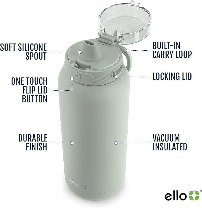 Ello Cooper 40oz Stainless Steel Water Bottle with Straw and Carry Handle, Double Walled and Vacuum Insulated Metal, Leak Proof Locking Lid with Soft Silicone Spout, Reusable, BPA Free, Sage