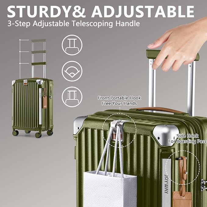 Joyway Luggage Sets 3 Piece, Expandable Suitcase with Smart Cup Holder and USB Port, Hardside Carry On Checked with TSA Lock Spinner Double Wheels, DarkGreen