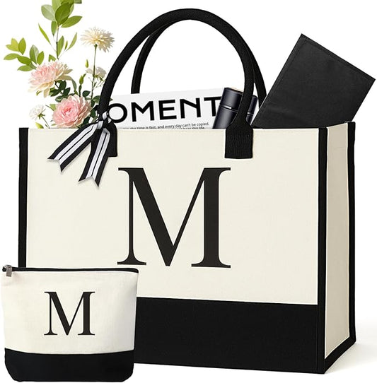 Personalized Canvas Tote Bag for Women Makeup Pouch Initial Beach Bag Removable Bottom Board for Travel Birthday