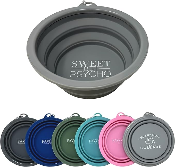 SparkDog Sweet But Psycho Collapsible Dog Bowl, 1000ML (34oz) –XL Food-Grade Silicone Travel Bowl with Sturdy Rim – Extra Large Portable for Dogs & Cats – Great for Pet Lovers (Gray)