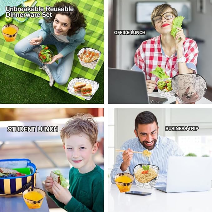MIUPOO Collapsible Bowl Plate Cup Set,Portable Mess Kit,Food Grade Material Free Folding Plate for Lunch Family Picnic,Set of 3, 3 Sizes