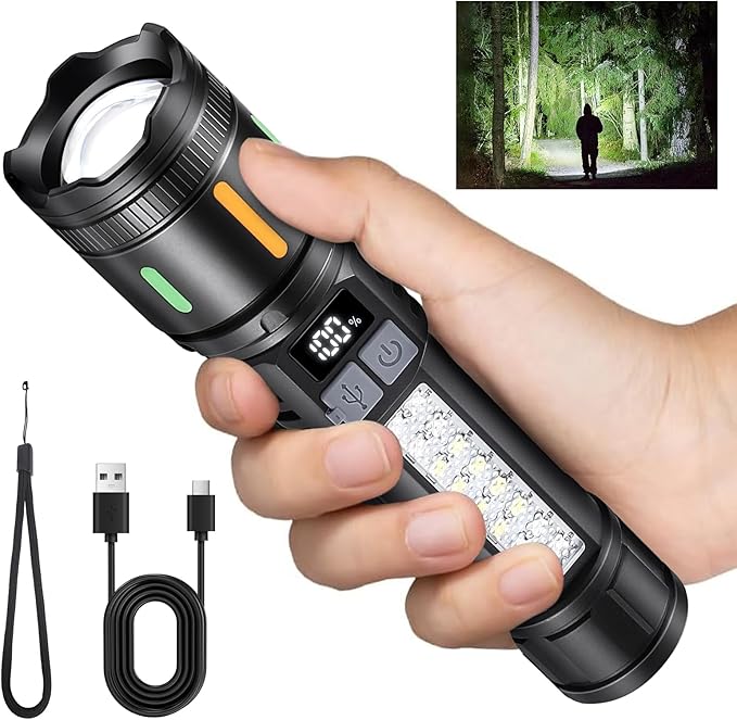 Rechargeable LED Flashlights High Lumens - 3000LM Super Bright Tactical Flashlight with Cob Sidelight, 5 Light Modes, IPX6 Waterproof, Powerful Handheld Flash Light for Camping Home Emergencies