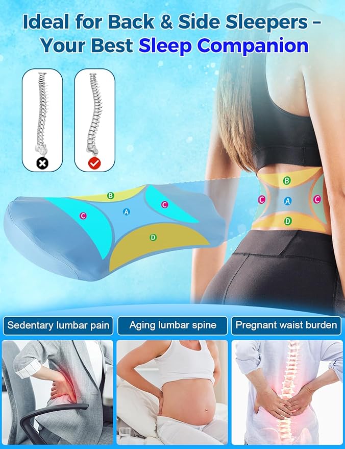 Lumbar Support Pillow for Bed – Memory Foam Lower Back Pain Relief Pillow for Sleeping, Ergonomic Lumbar Pillow for Side & Back Sleepers, Sciatica & Hip Pain Relief, Washable Cooling Cover