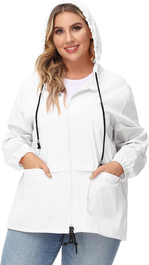 Avoogue Plus Size Raincoat Women Waterproof Rain Jacket Packable Outdoor Hooded Windbreaker