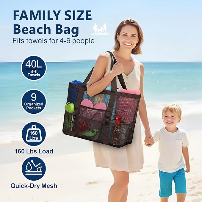 F-color Mesh Beach Bag Family - Large Tote Bag 9 Pockets for Swim Pool Toys Cruise Beach Vacation Essentials