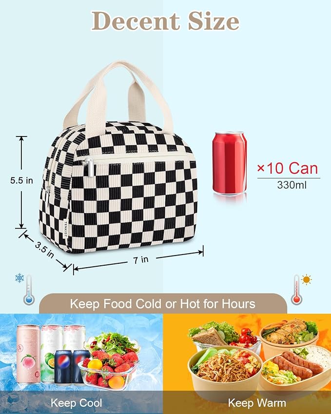 Cute Lunch Box Tote Bag - CoolerCorduroy Insulated Bags for Women - Lightweight Reusable Portable Soft Lunch Pail Kit for Kids Teen Girl Adults Work School Picnic Travel Checkered 8L