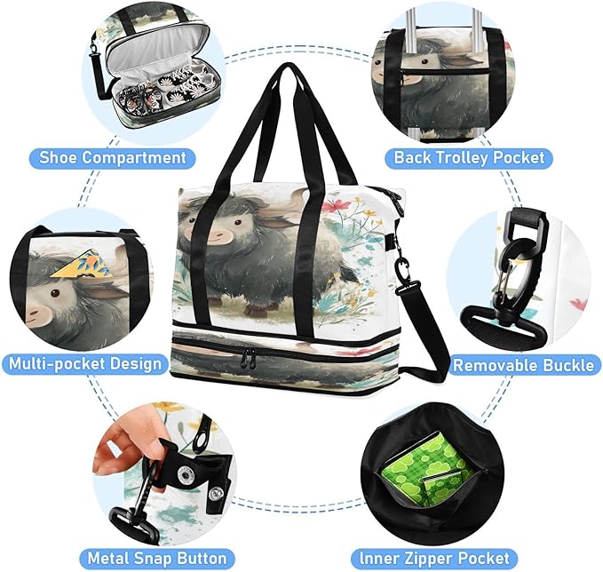 Travel Duffel Bags for Women Cute Gray Yak with Wildflowers Sports Duffel Bags Gym Bags with Shoes Compartment Tote Bag Weekender Bag for Travelling