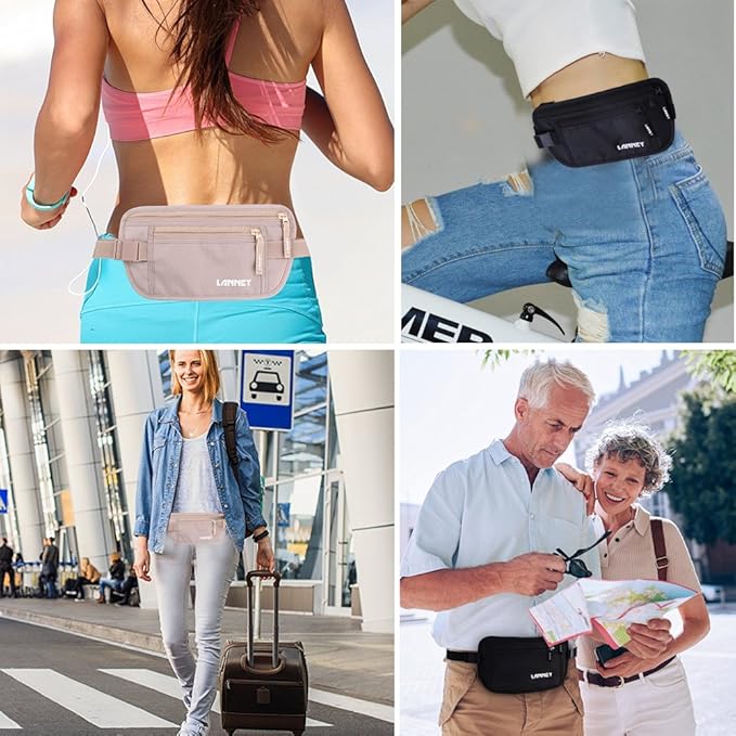 Money Belt for Travel, Slim RFID Blocking Women and Men hidden Travel Pouch Under Clothes, Passport Holder Protect Cash, Documents, Credit Card, Black, Bonus 2 RFID Sleeves