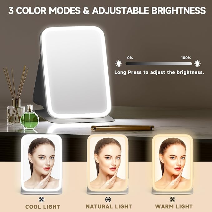Mocado Travel Makeup Mirro with Lights, 360° Rotation Lighted Makeup Mirror, Portable Mirror with 10x Magnification, 3 Color Lightings, Dimmable Touch Screen, Tabletop Light up(Flower)
