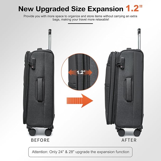Kono 24 Inch Softside Expandable Checked Luggage with 8 Spinner Wheels TSA Lock Softshell Lightweight Business Travel Suitcase for Men and Women, Black