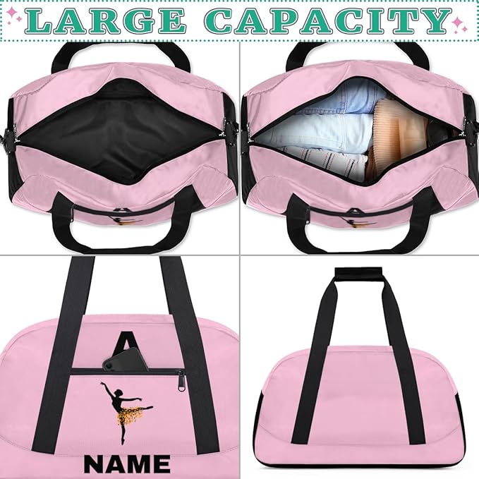 Personalize-Kids-Sports-Duffel-Bags With Custom Name Text Carry-On Overnight Travel Gym Lightweight Dance Pattern Sports Bags For Girls Boys Kids,Pink
