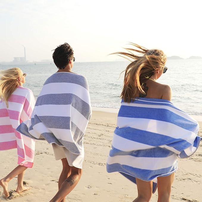 Cotton Oversized Beach Towel - Large 70 x 35 Inch Pool Towel, Turquoise Striped Quick Dry Swimming Cabana Towel