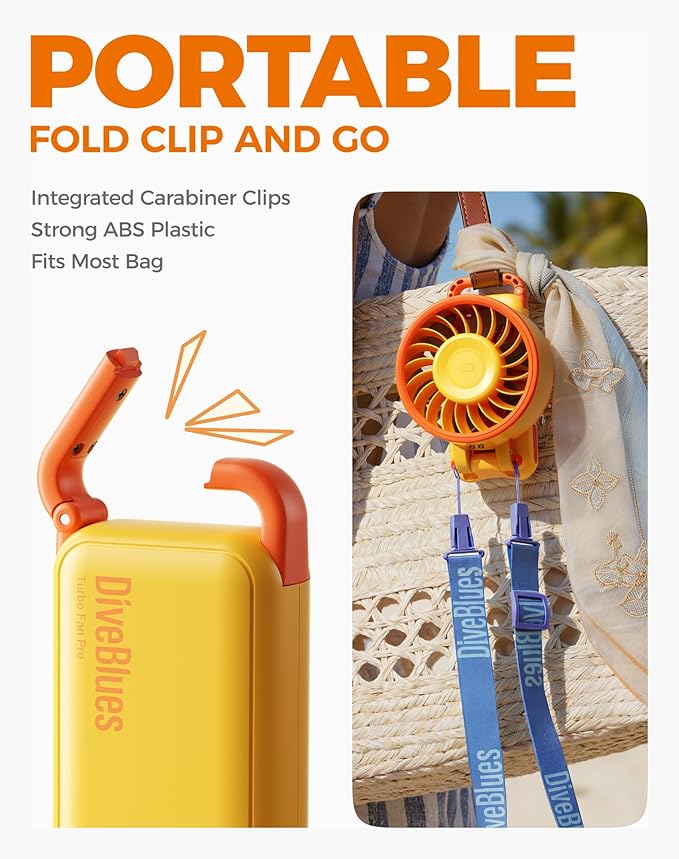 Diveblues Portable Handheld Fan, 7.4m/s High Speed Turbo Fan, 180° Foldable 4-in-1 Personal Neck Fan Integrated Carabiner Clip, 100 Speed Stepless Control, USB-C Rechargeable, 12H Battery, Fanzy D6036