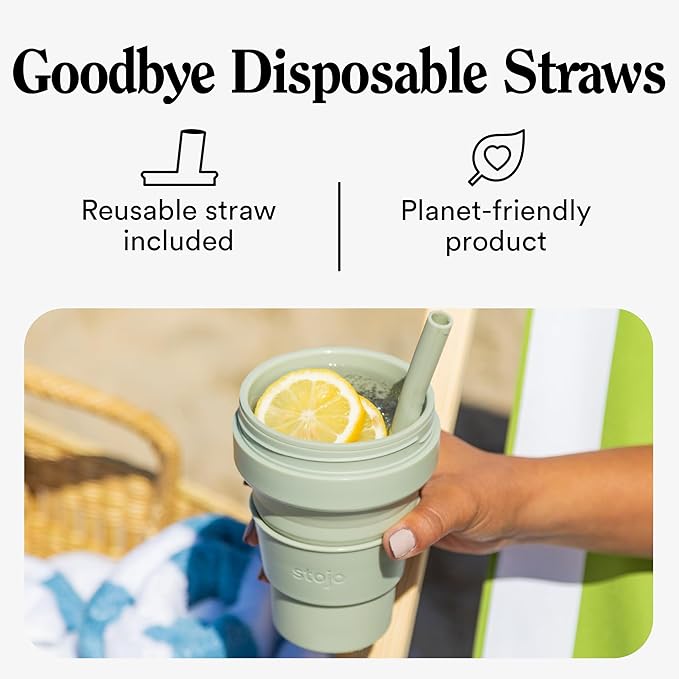 STOJO Collapsible Travel Cup - Reusable To-Go Pocket Size Silicone Bottle for Hot and Cold Drinks - Perfect for Camping - Microwave & Dishwasher Safe (Translucent Steel, 16, ounces)
