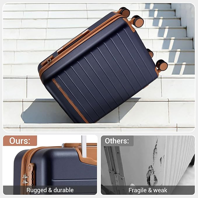 Kono Expandable 20 Inch Carry On Suitcase Airline Approved, Lightweight ABS+PC Hardshell Luggage with 360° Silent Spinner Wheels, Navy/Brown