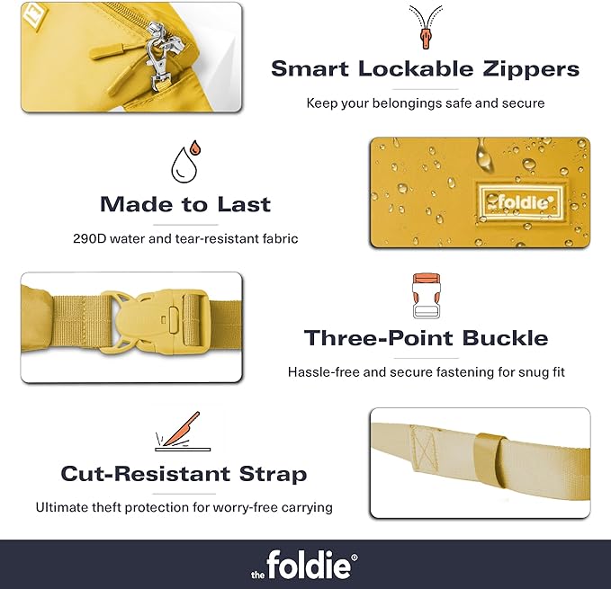 The Foldie Foldable Crossbody Bags for Women & Men - Anti-Theft RFID-Safe Fanny Pack with Smart Lockable Zippers and Cut-Resistant Strap - Lightweight Waist Pack for Travel & Everyday Use - Yellow