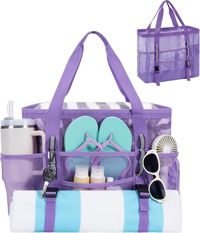 WANDF Mesh Beach Bag for Women, Large Beach Tote Bags with 40oz Tumbler Side Pockets, Family Pool Bag for Swim Toys Towels Cruise Vacation Essentials (Purple) | Breathable