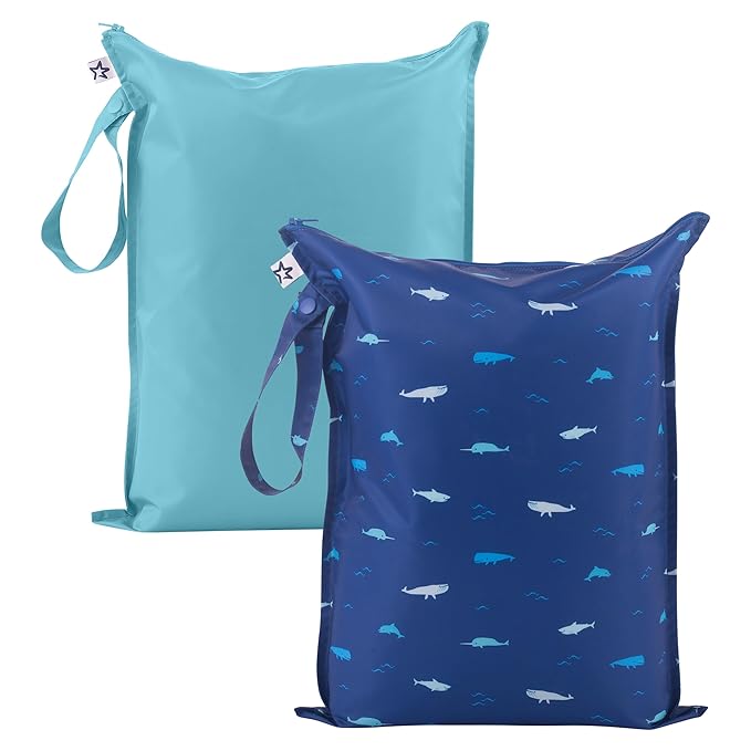 Tiny Twinkle Mess Proof Wet Bags | 2-Pack Reusable Waterproof Wet Bags for Swimsuits | Baby Clothes | Travel & Diaper Bag (Ocean)