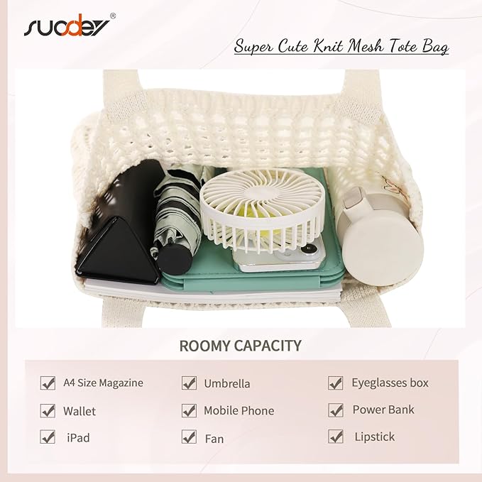 SUOSDEY Crochet Mesh Beach Tote Bag, Knit Summer Vacation Aesthetic Boho Tote Bag for Women
