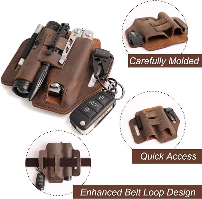 Gentlestache Multitool Leather Sheath for Belt, EDC Organizer, Multitool Pouch,Leather EDC Sheath with Elastic Band Pen Holder, Flashlight Holder and Keychain Clip, Practical Belt Pouch for EDC Gears