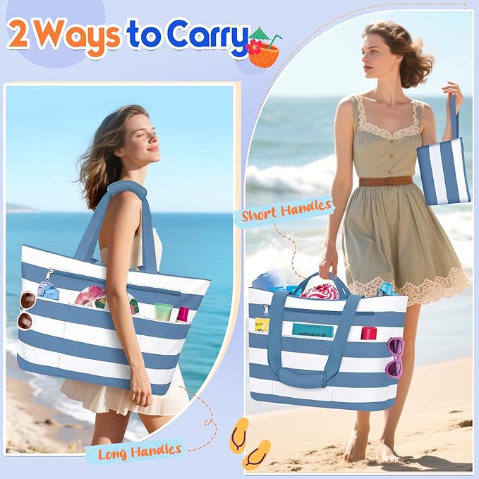 BKNOOU Extra Large Beach Bags Waterproof Sandproof XL Beach Tote Bag for Women Zipper Foldable Swim Pool Bag with Wet Pocket