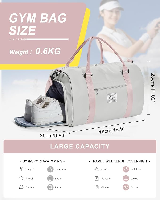 Gym Bag Womens Mens with Shoes Compartment and Wet Pocket Travel Duffel Bag for Women for Plane Sport Gym Tote Bags with Toiletry Bag Waterproof Weekend Overnight Carry on Bag Hospital Holdalls