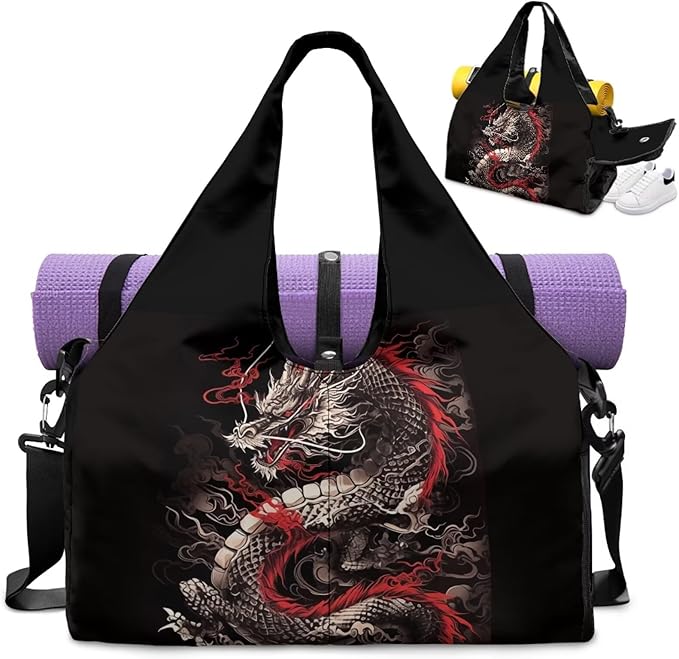 Dragon Gym Bag Sports Duffel Bag for Men Large Capacity Gym Bag with Shoe Compartment and Yoga Mats Holder Waterproof Workout Bag with Shoulder Strap for Sports Travel Weekender
