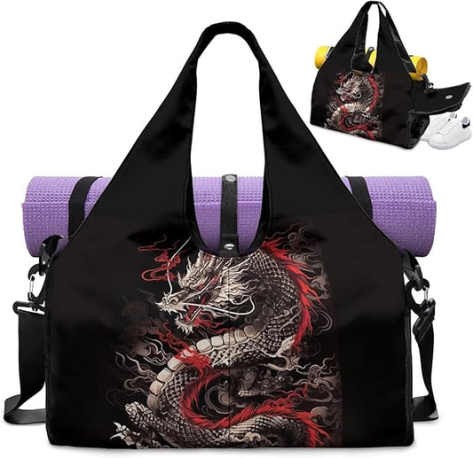 Dragon Gym Bag Sports Duffel Bag for Men Large Capacity Gym Bag with Shoe Compartment and Yoga Mats Holder Waterproof Workout Bag with Shoulder Strap for Sports Travel Weekender