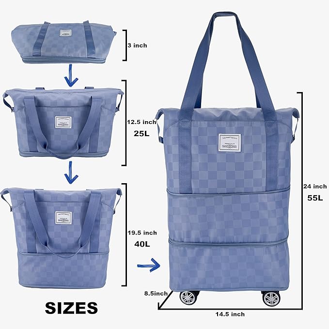 Expandable foldable duffel bag suitcase, detachable rolling wheels,carry-on large duffel bag,luggage bag,suit gym,camping,travel or business trip,Gift for wife and parents-Checkerboard(BLUE)