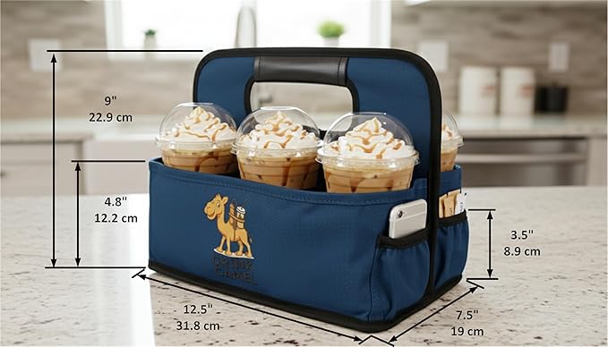 Reusable Drink Carrier with Handle, Foldable 6 Cup Drink Holder Carrier for Delivery, Coffee Cup Carrier, Portable Cup Holder Bag for Drinks, to Go Beverage Drink Organizer (Navy Blue)