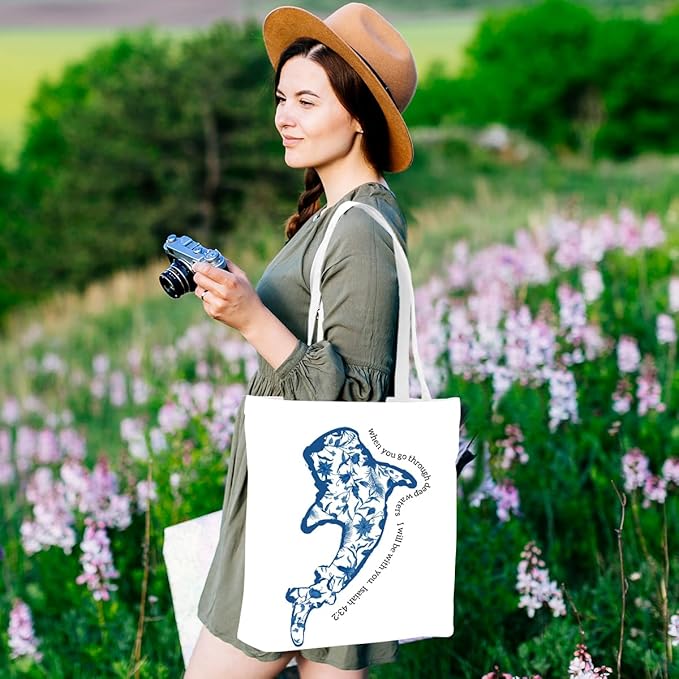 Floral Beach Whale Shark Gifts Jellyfish Christian Canvas Tote Bag for Work Totes for Women Christmas Bible