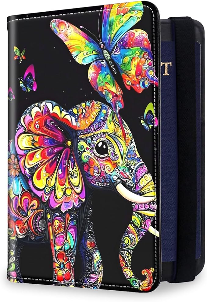 RFID Security Premium Passport and Travel Document Holder Combo, Slim PU Leather Folio Wallet with 3 Card Slots & Boarding Pass Pocket, Secure Elastic Closure Organizer, Colorful Floral Elephant