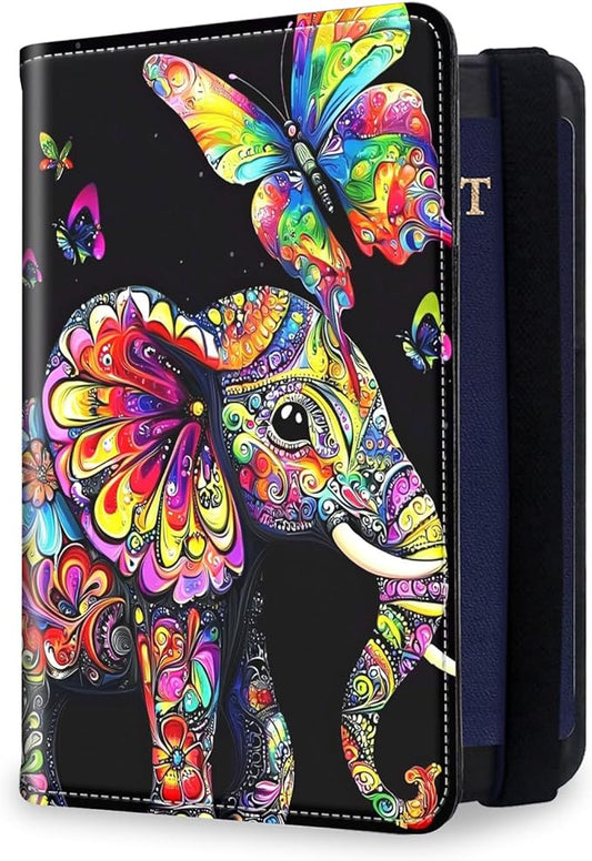RFID Security Premium Passport and Travel Document Holder Combo, Slim PU Leather Folio Wallet with 3 Card Slots & Boarding Pass Pocket, Secure Elastic Closure Organizer, Colorful Floral Elephant