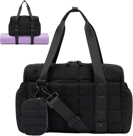Small Gym Bag for Women, Puffy Sports Duffel Bag with Yoga Mat Holder, Gym Tote Bag with Wet Pocket & Coin Wallet, Carry on Bag for Workout Dance Pilates Ballet Swimming Travel