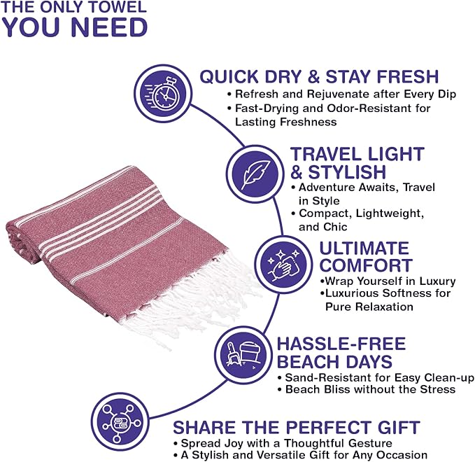 Turkish Beach Towels, Pack of 6 | Oversized, Quick Dry, Sand Free | 100% Cotton, Large 38x71 Towels for Beach, Pool, Travel | Ultra-Soft, Compact, and Absorbent | Burgundy