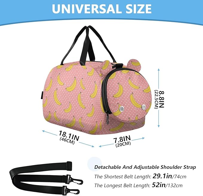 VIGTRO Bananas Polka Dots Pattern Kids Overnight Travel Duffel Bag Sport Gym Bag for Boys Girls with Shoe Compartment, Carry On Weekender Luggage Bag for Dance Swim Yoga