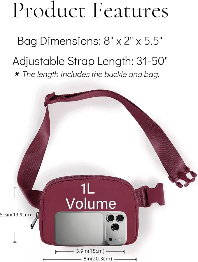 Waist Belt Bag for Women Lulu Dupes Mini Small Crossbody Purse Sling Bag Cute Fashion Waterproof Fanny Pack Over The Shoulder Bags Fashionable Travel Running Belt Pouch Bum Bag Red Merlot