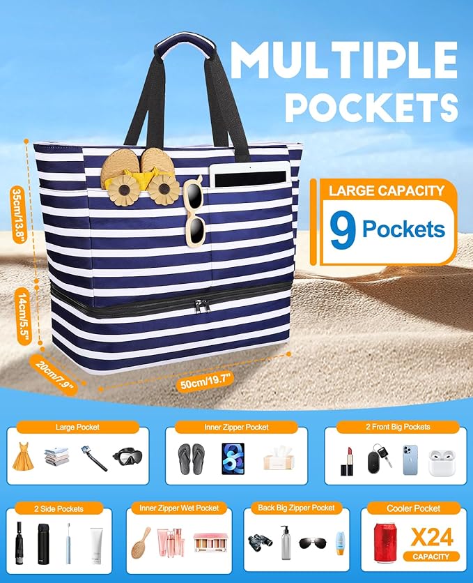 ISEYOU Beach Bag with Cooler, 49L Large Family Beach Tote with Zipper, Waterproof Sandproof Beach Bags for Women and Men, Foldable Lightweight Travel Bag for Pool, Picnic, Gym
