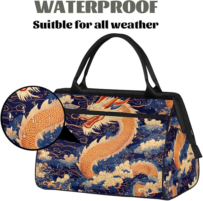 Dragon Japanese Style Overnight Weekender Bag for Women Men Travel Duffel Bags Waterproof Luggage Carry on Sports Yoga Gym Bag