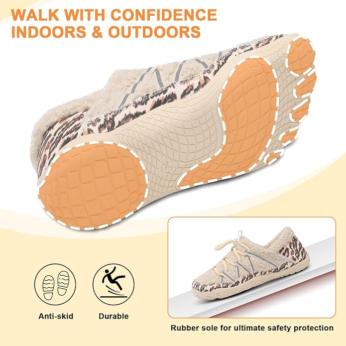 relxfeet Women's Wide Width Slippers Cozy Furry Barefoot House Shoes with Adjustable Fit Non-Slip Indoor Outdoor Slippers for Diabetic Bunion Swollen Feet Friendly