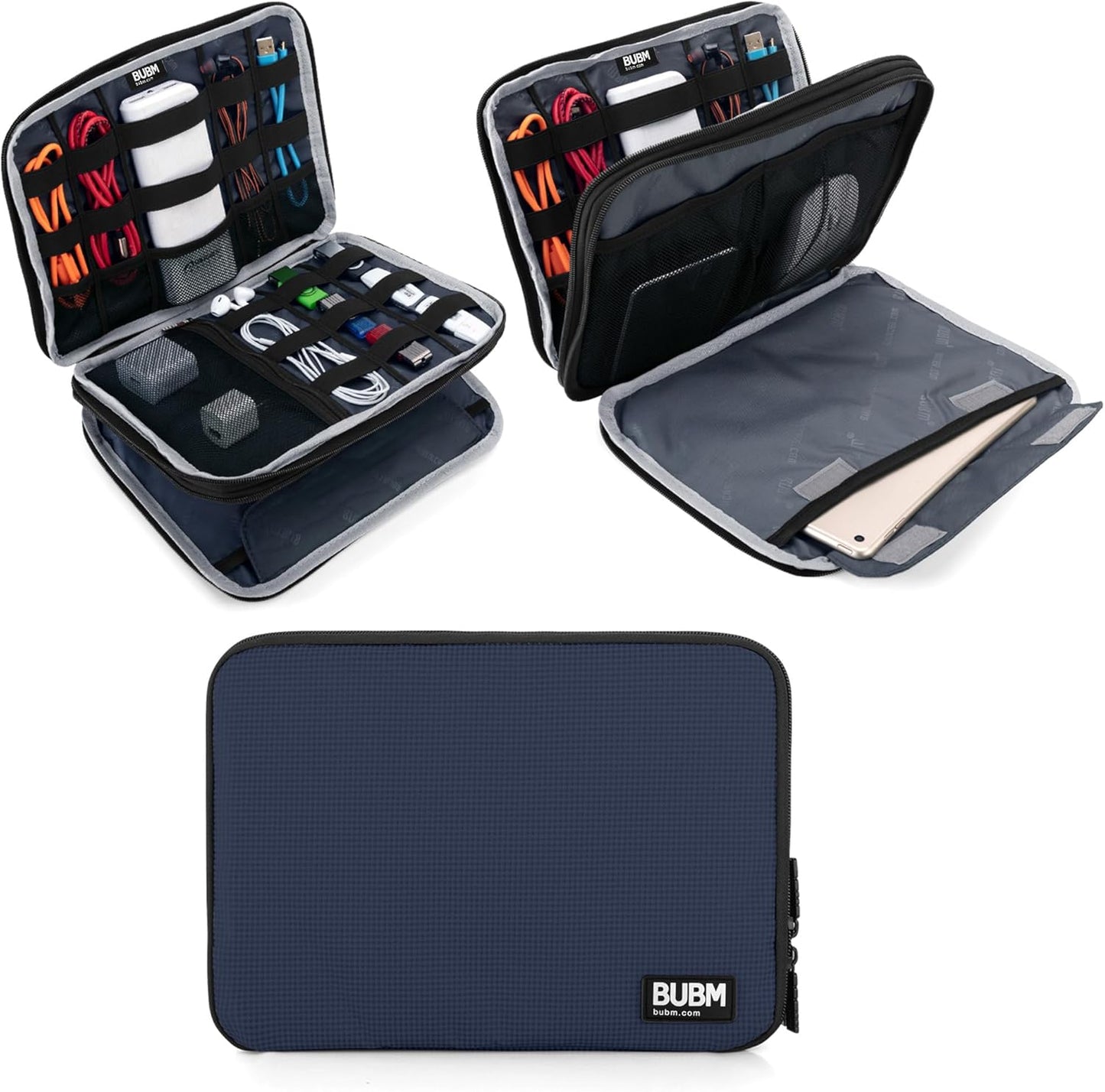 BUBM Double Layer Electronics Organizer, Travel Gadget Bag for Cables, Memory Cards, Flash Hard Drive and More, Fit for iPad or Tablet(up To 9.7")--Large, Dark Blue