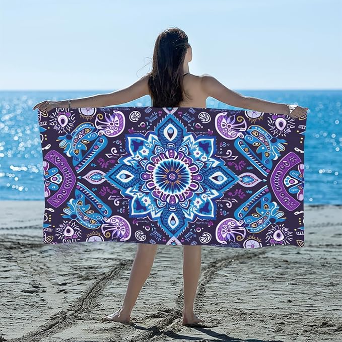 Vintage Floral Purple Beach Towel, Large Microfiber Quick Dry Lightweight Pool Bath Towels Sand Free Beach Blanket for Summer Cruise Yoga Camping Travel Vacation Essentials 31 x 61 in