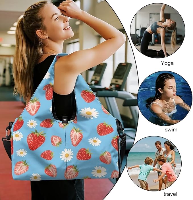 Daisy Duffel Bag for Travel with Shoe Compartment Blue Workout Bag with Yoga Mat Holder for Women, Waterproof Strawberry Print Gym Duffel Adjustable Shoulder Strap
